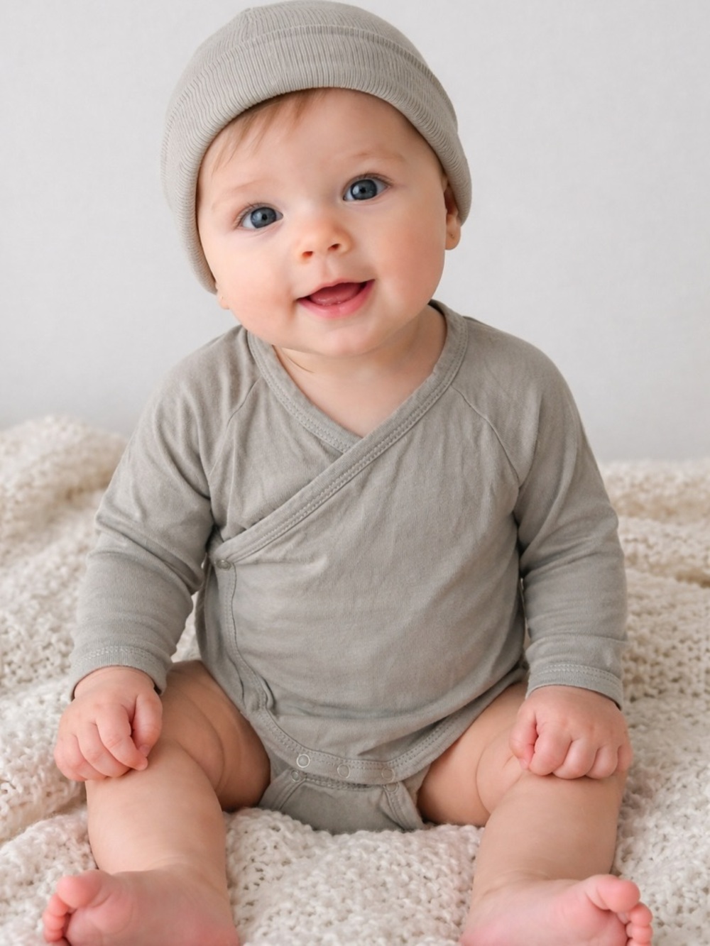 kate quinn Neutral Wrap-Front Long Sleeve Baby Bamboo Bodysuit